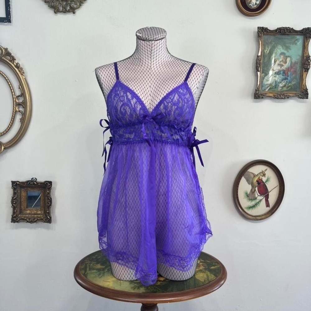 Purple Lace Babydoll Lingerie - Sheer Mesh Nightgown with Ribbon